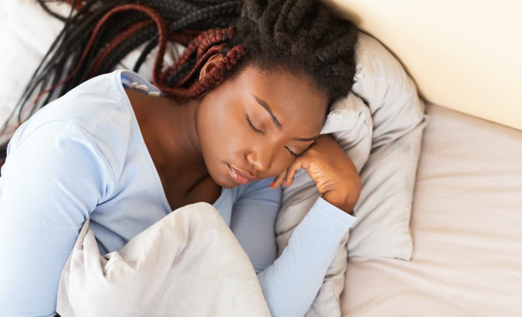 Asleep Afro Lady Taking Rest Lying In Bed At Home