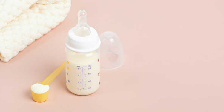 Preparation of formula for baby feeding. Baby health care, organic mixture of dry milk idea
