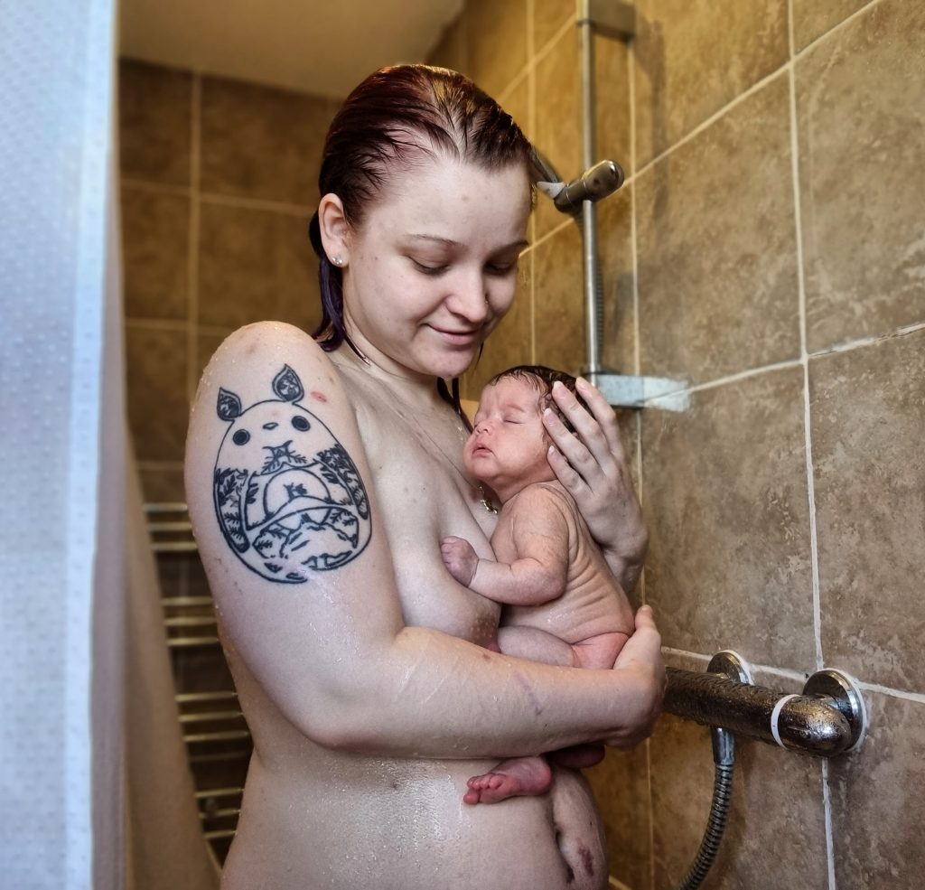 Sophie Nichols and baby in shower