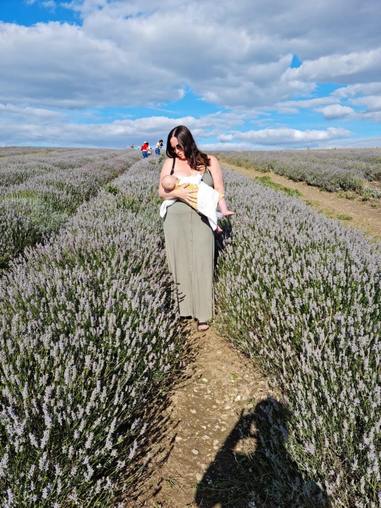 Breastfeeding in the picturesque places - Gina Lee in the lavender fieldsof Hitchen