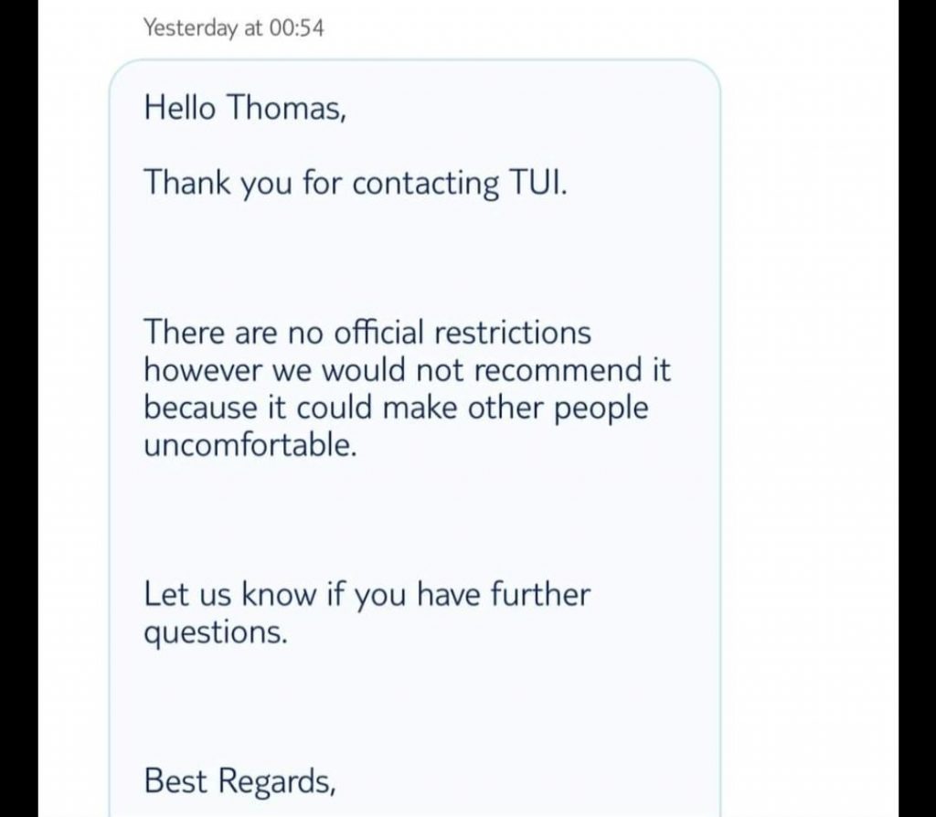 TUI message about breastfeeding on flight