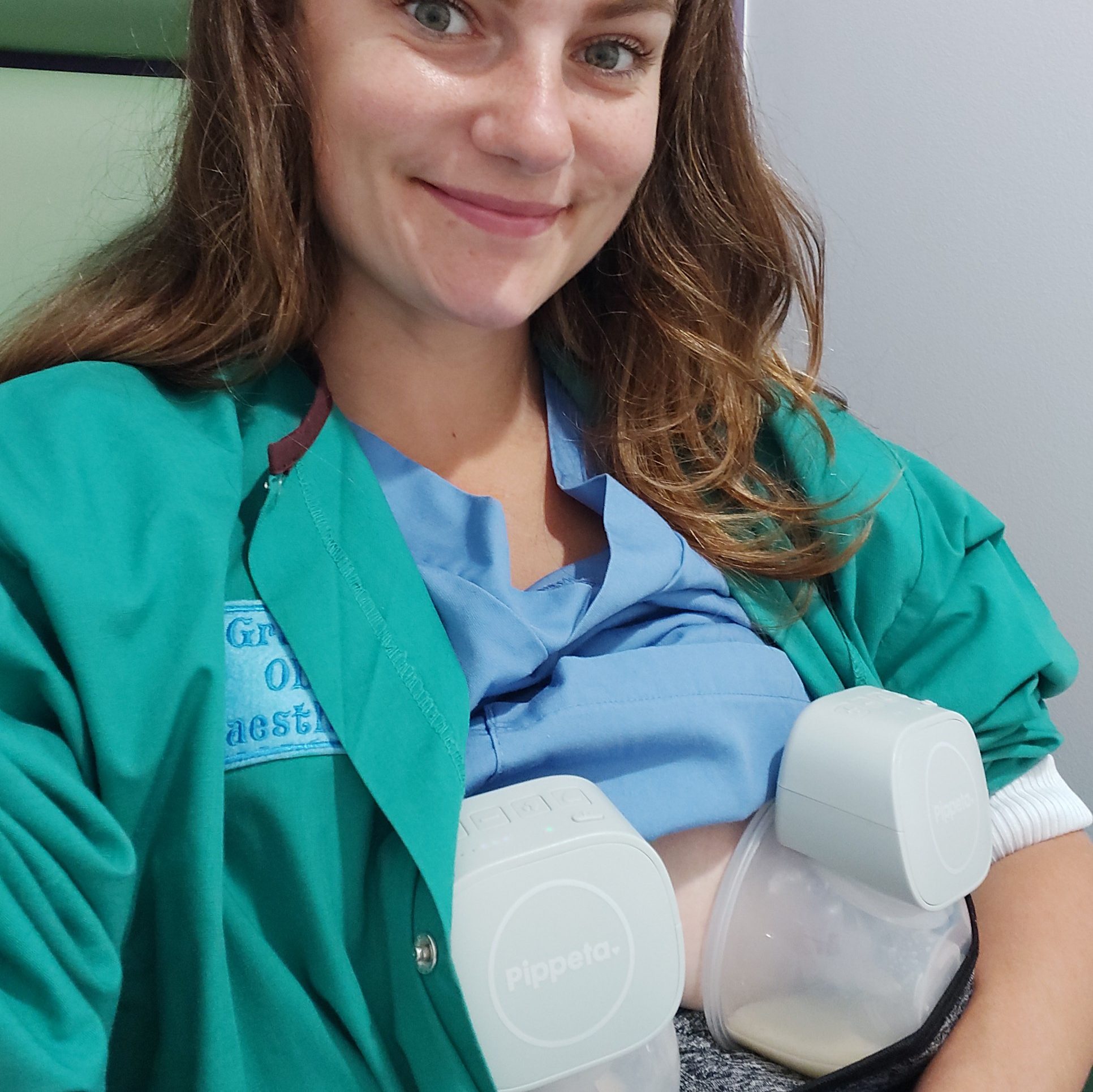 Grace using hands-free pump at work