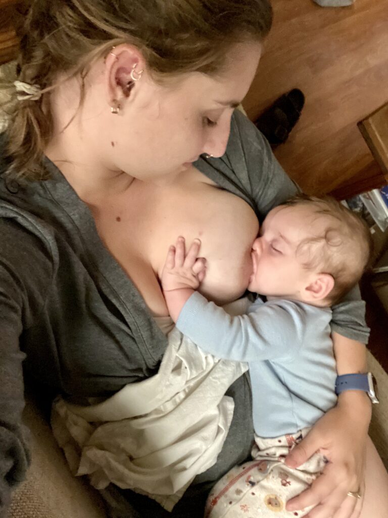 Emily Trenholme breastfeeding newborn son