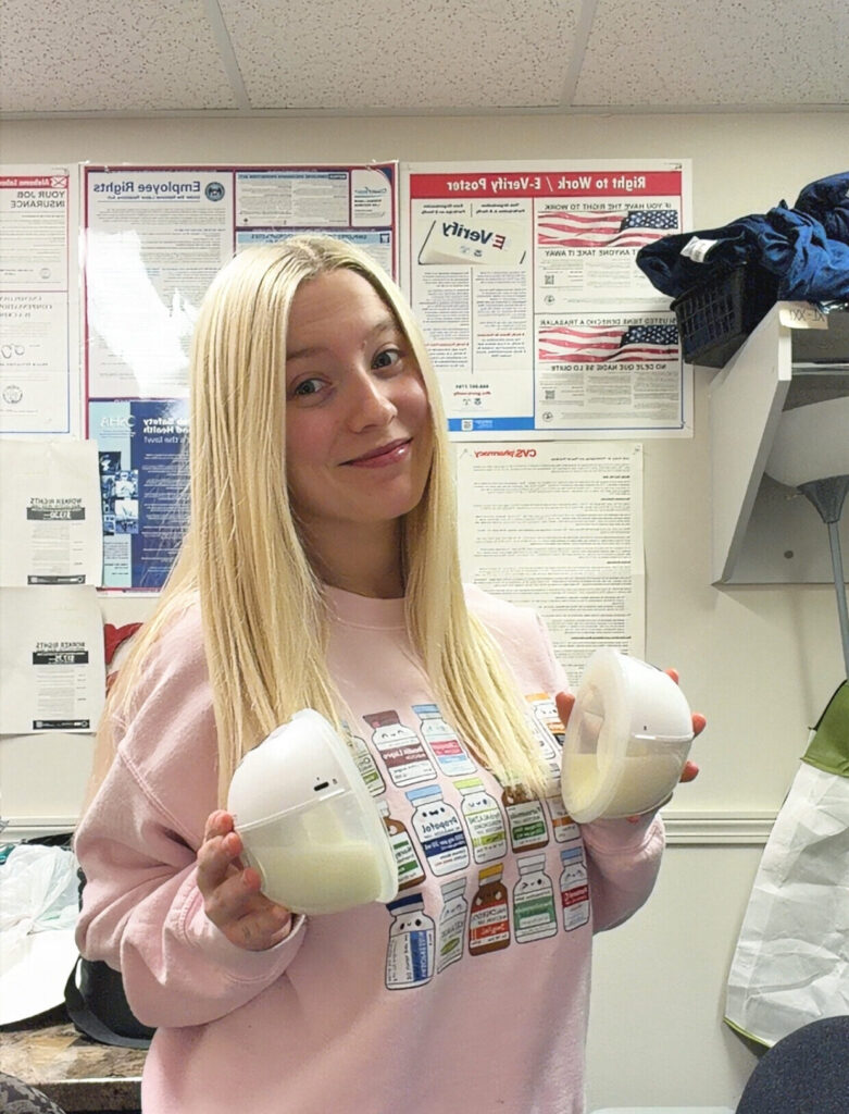 Jade at her full-time job and breastfeeding - using a wearable pump to express milk