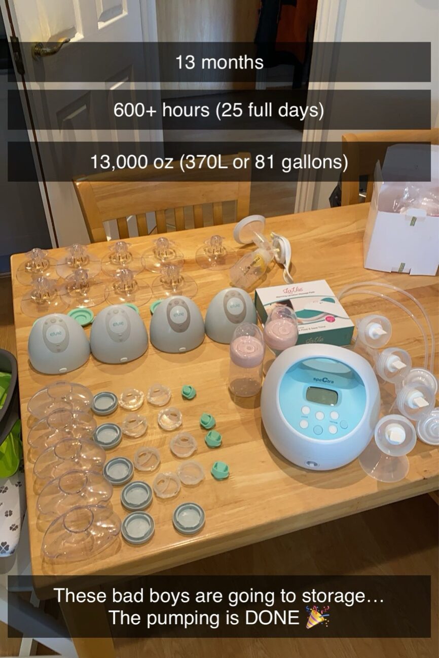 Tamara's breast pumps and parts laid out on the kitchen table - the end of exclusively pumping
